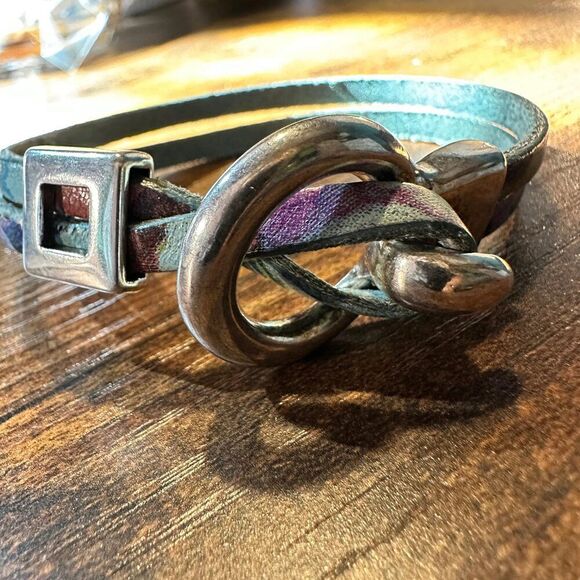 Leather Watercolor Teal Hippie Bracelet, Double Wrap, Belt Buckle Silver Clasp, - Picture 6 of 10